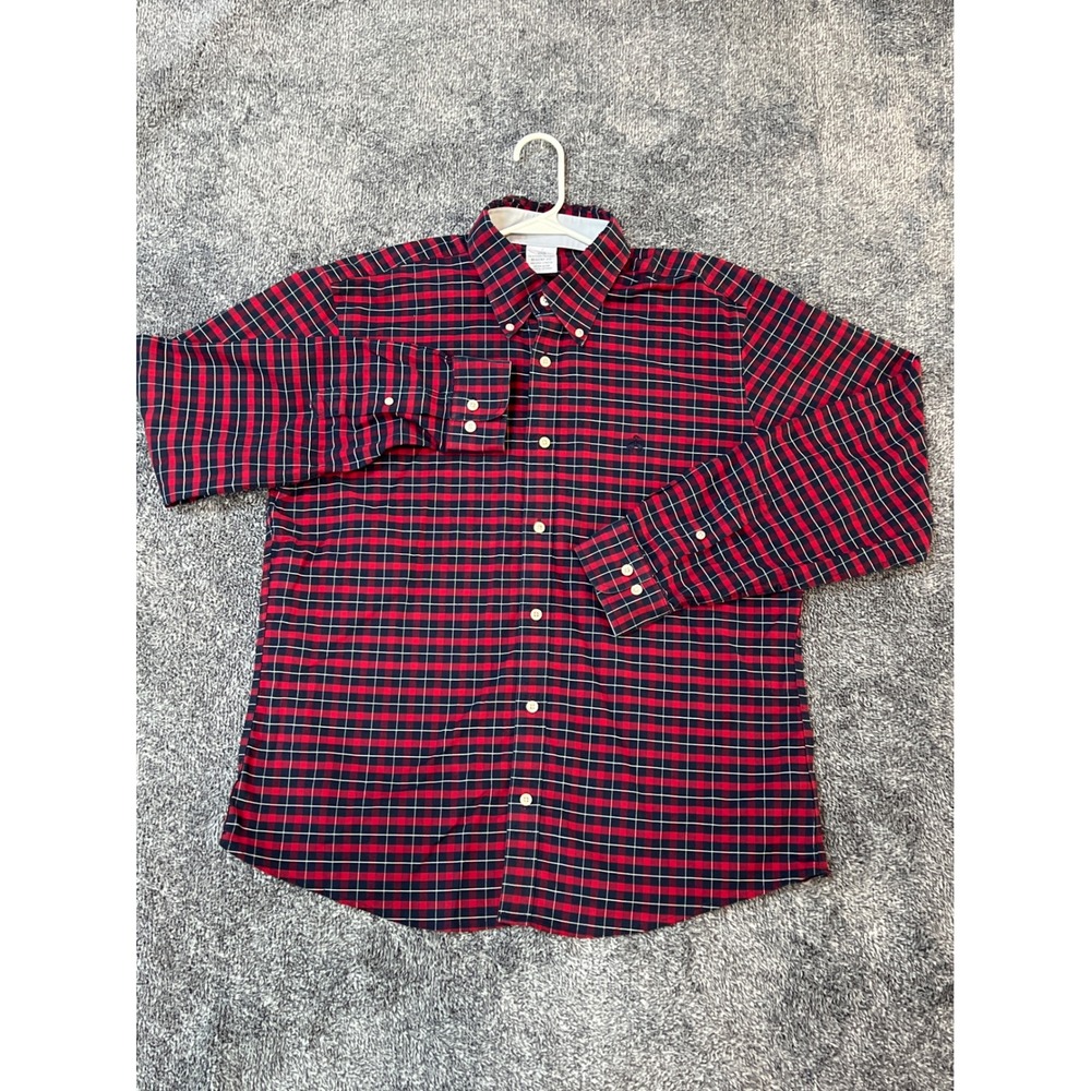 Brooks Brothers Regent Fit Shirt Mens L Red Navy Tattersall Non-Iron Stretch L/S
